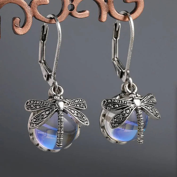 Boucles d'oreilles libellule sphérique en argent antique
