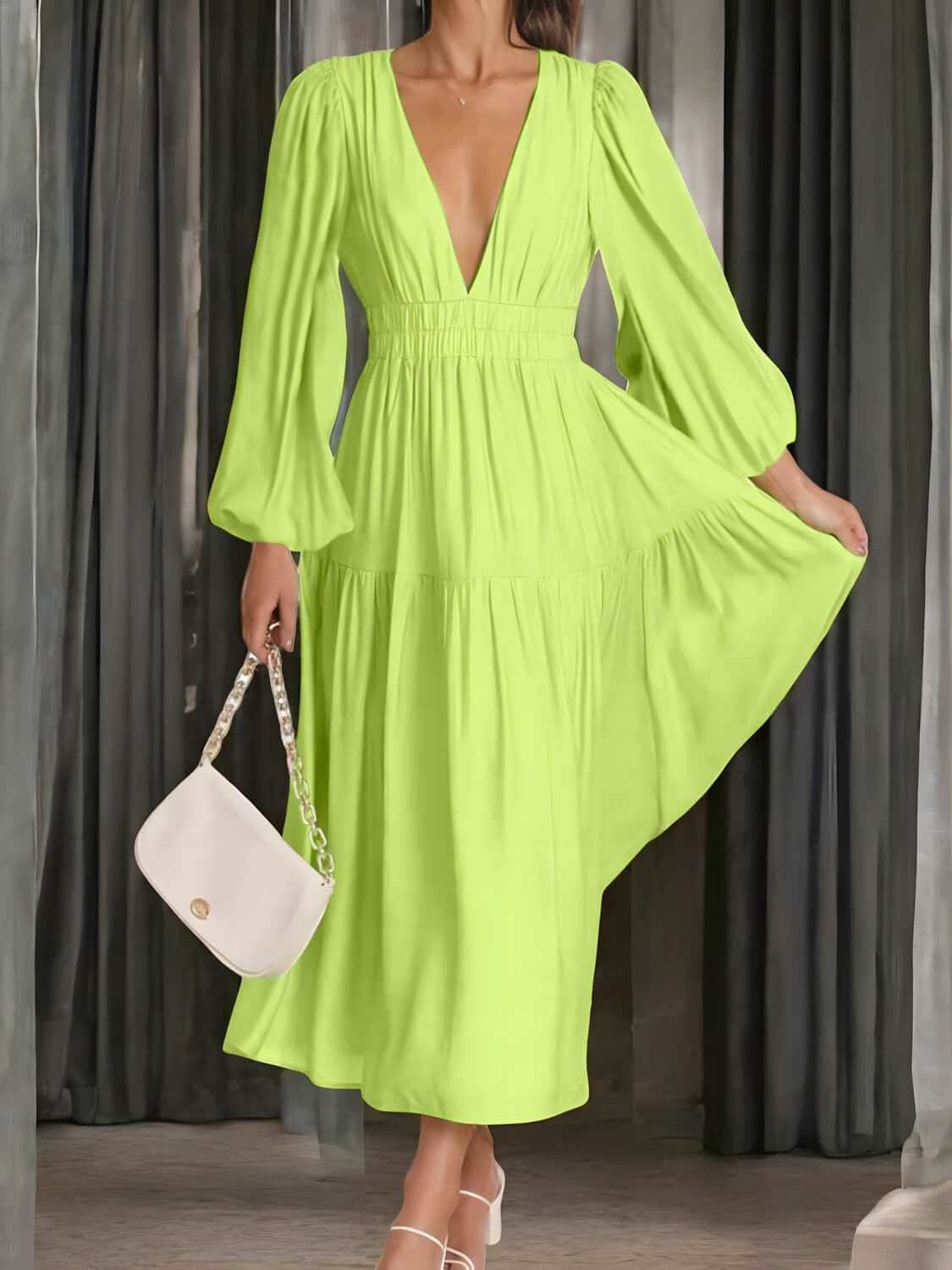Léonie - Maxi-robe à manches ballon et décolleté en V