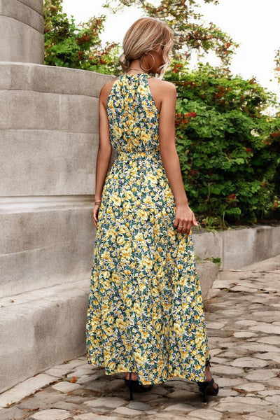 Solène - Robe longue avec ceinture à la taille et motifs