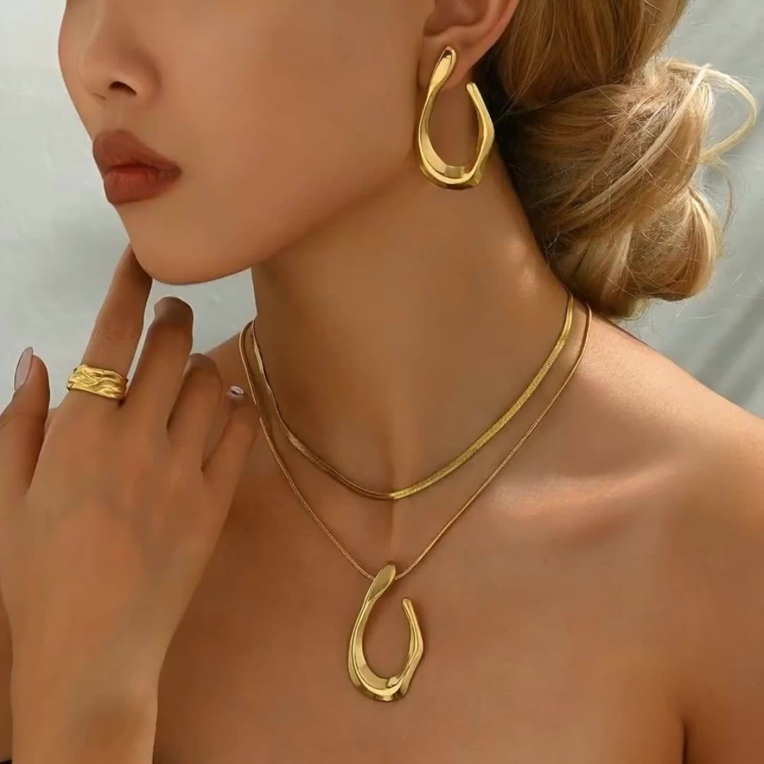 Ensemble élégant 5 pièces – Collier, collier long, boucles d’oreilles, bague et bracelet design moderne