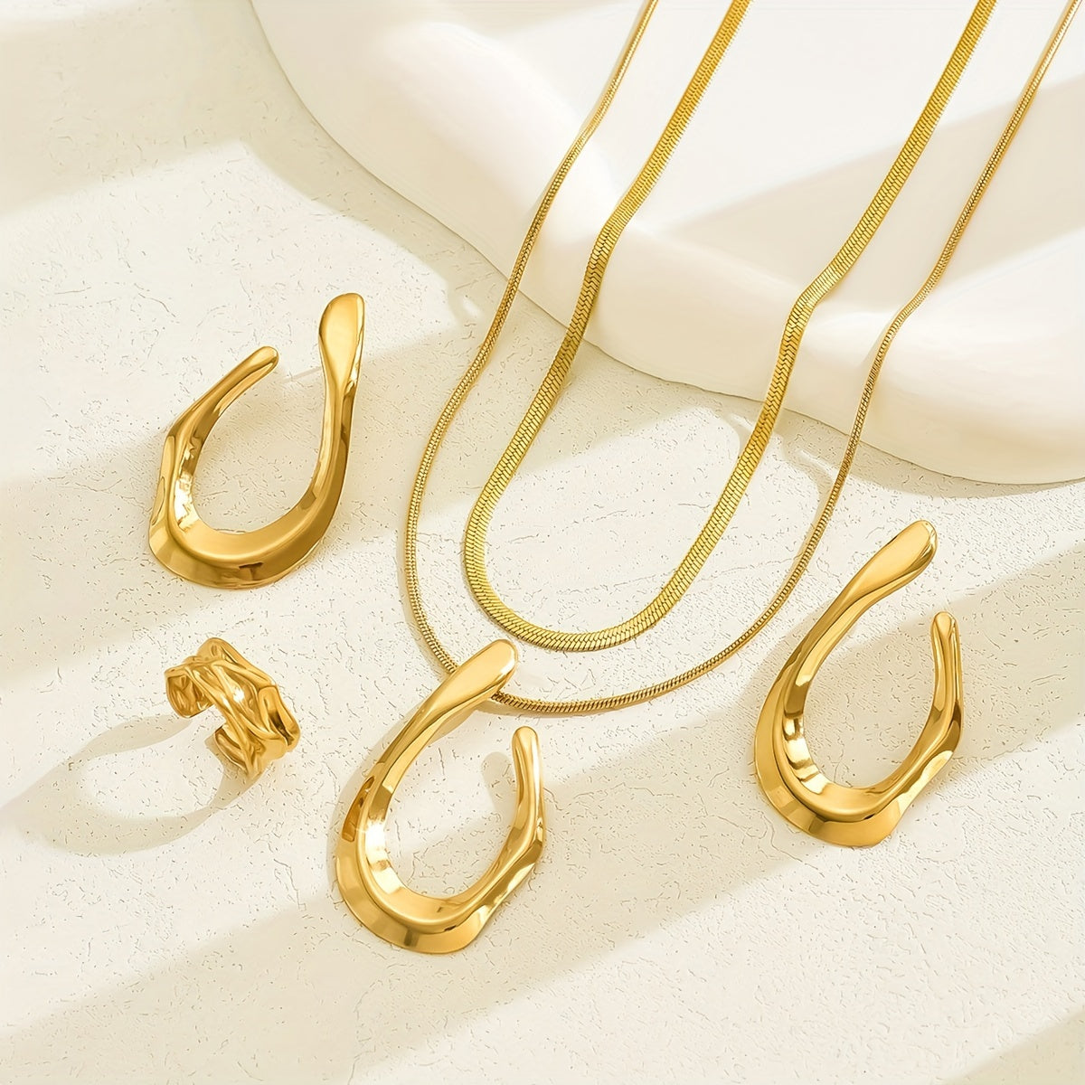 Ensemble élégant 5 pièces – Collier, collier long, boucles d’oreilles, bague et bracelet design moderne