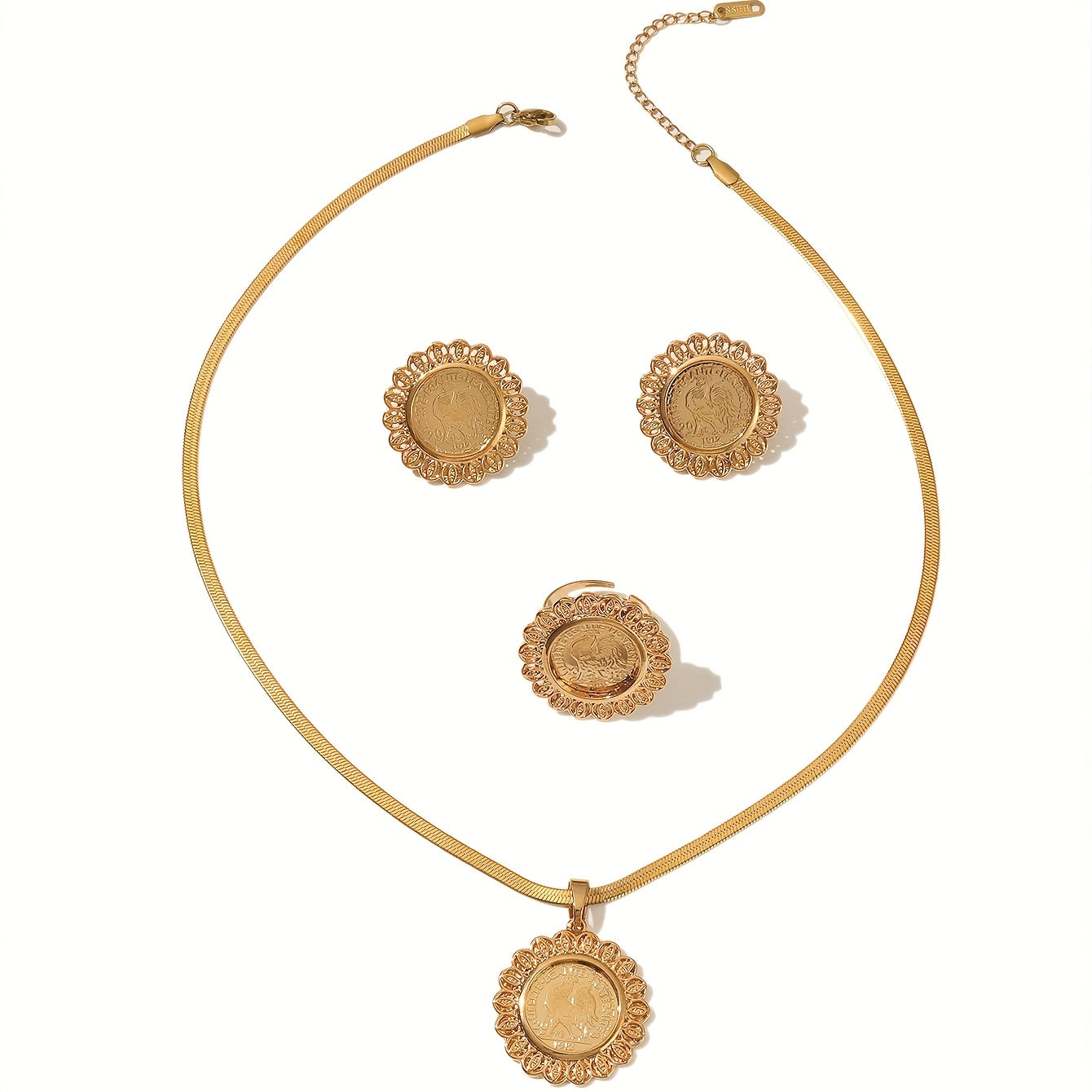Ensemble élégant 3 pièces – Collier, bague et boucles d’oreilles motif médaille