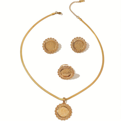Ensemble élégant 3 pièces – Collier, bague et boucles d’oreilles motif médaille