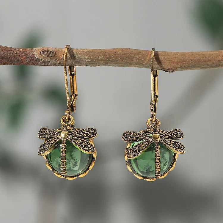 Boucles d'oreilles libellule sphérique en argent antique