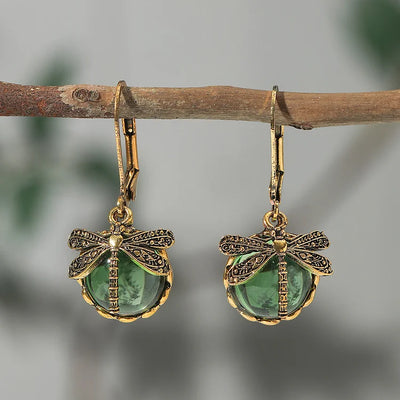 Boucles d'oreilles libellule sphérique en argent antique
