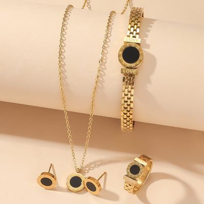 Ensemble élégant 4 pièces – Collier, bracelet, bague et boucles d’oreilles avec médaillon noir