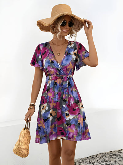 Hélène - Mini robe avec ceinture à la taille et motif floral
