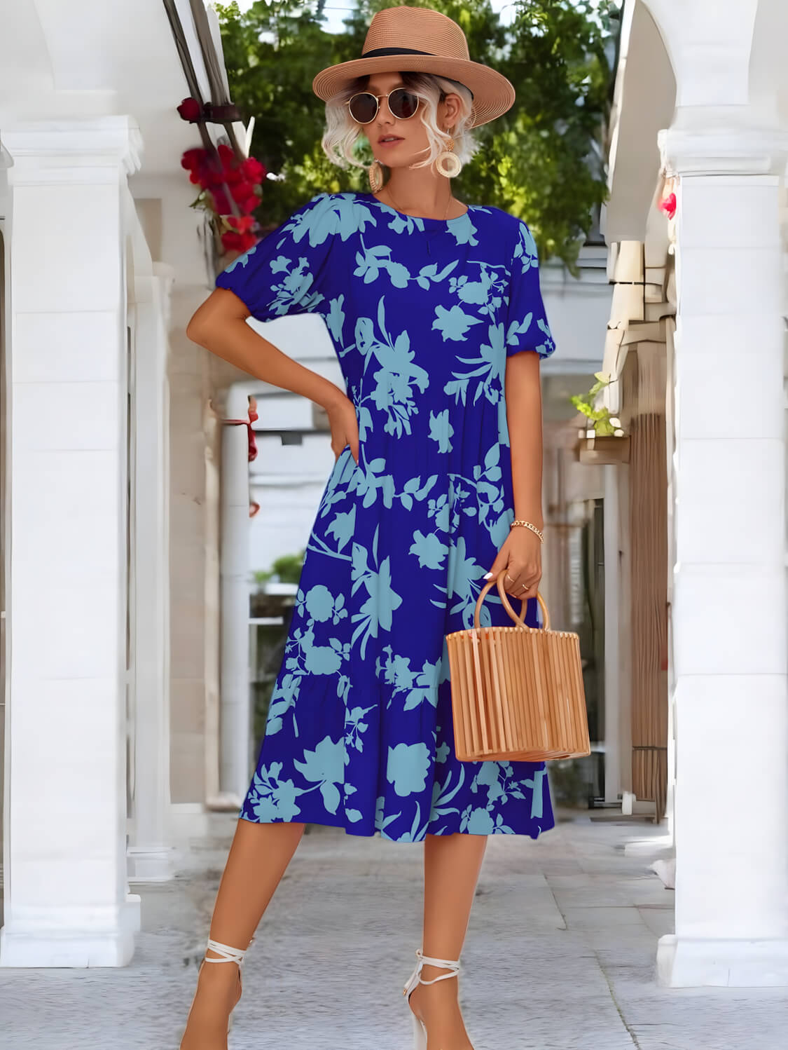 Jade - Robe midi à manches bouffantes et motif floral