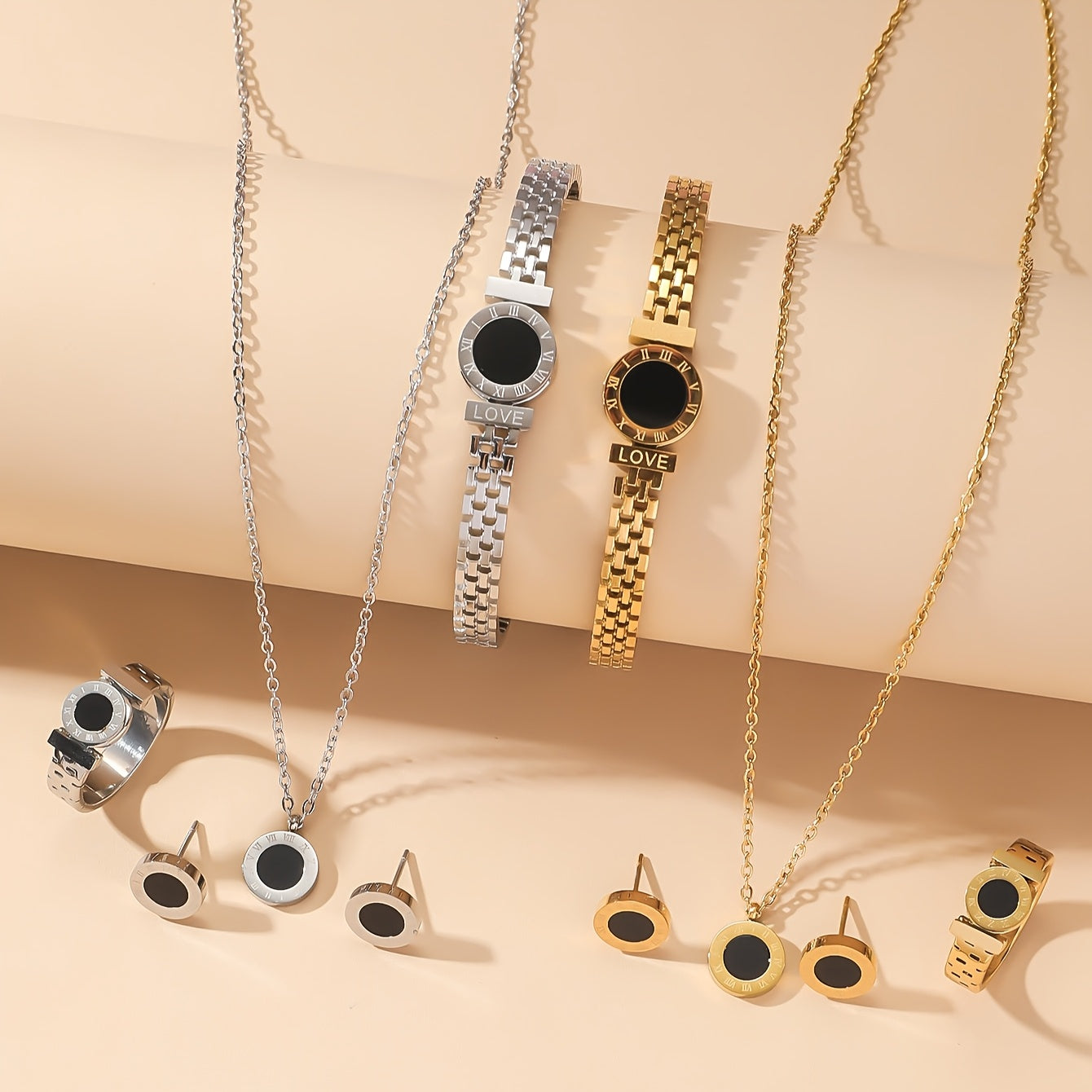Ensemble élégant 4 pièces – Collier, bracelet, bague et boucles d’oreilles avec médaillon noir