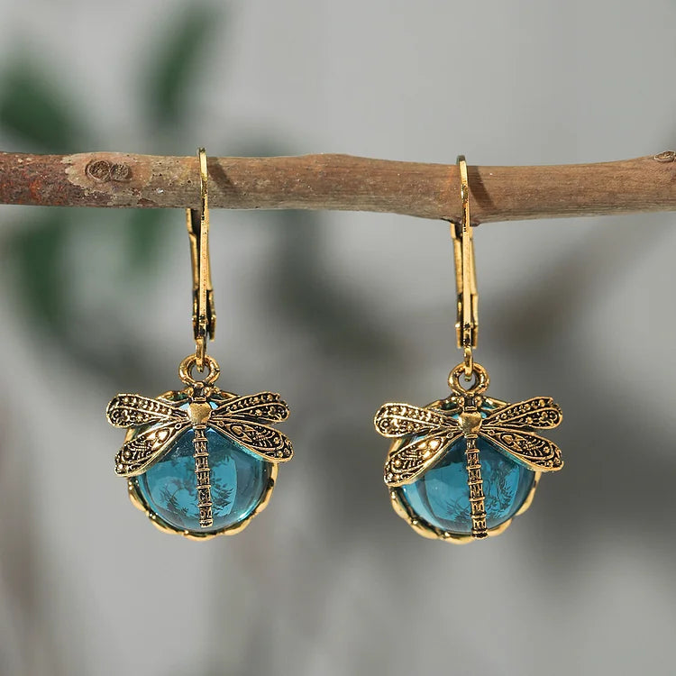 Boucles d'oreilles libellule sphérique en argent antique