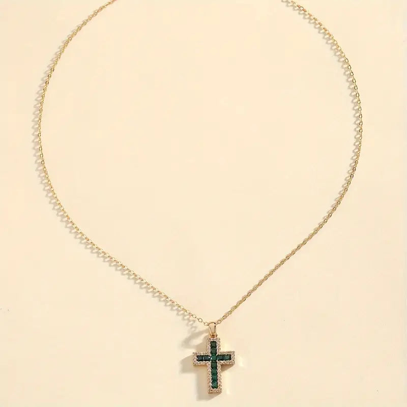 Collier Pendentif Croix Émeraude Solène | Or 18K