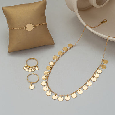 Parure collier, bracelet et 2 bagues en or 18K avec pendentifs dorés