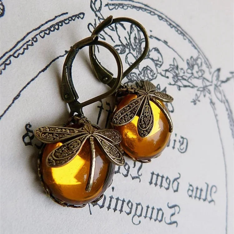 Boucles d'oreilles libellule sphérique en or antique