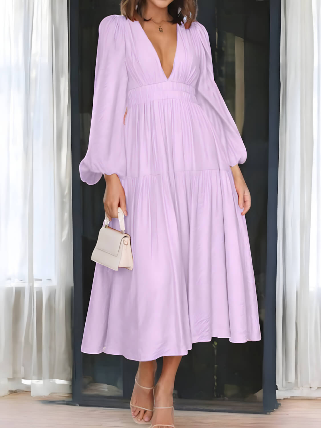 Léonie - Maxi-robe à manches ballon et décolleté en V