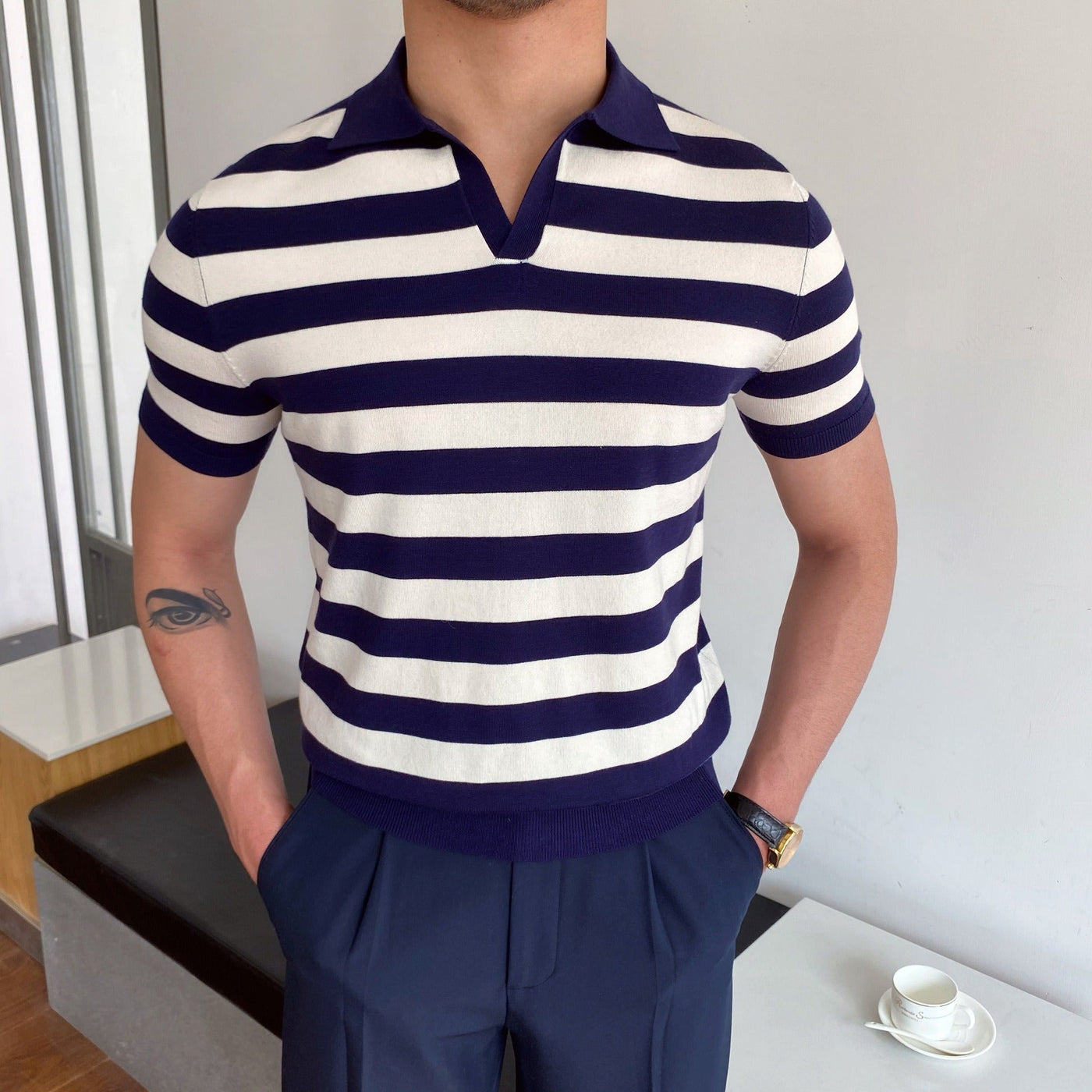 T-shirt à larges rayures pour hommes, style polo ajusté - Adrian