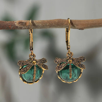Boucles d'oreilles libellule sphérique en argent antique