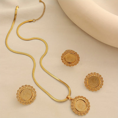 Ensemble élégant 3 pièces – Collier, bague et boucles d’oreilles motif médaille