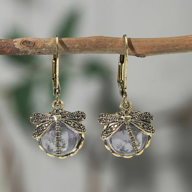 Boucles d'oreilles libellule sphérique en argent antique