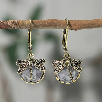 Boucles d'oreilles libellule sphérique en argent antique