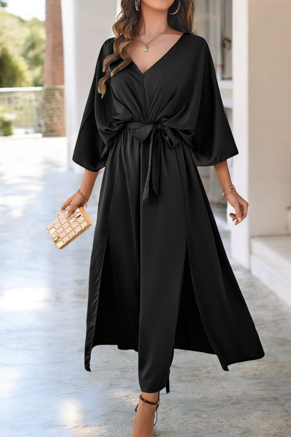 Colette - Robe fendue, décolleté en V et manches nouées