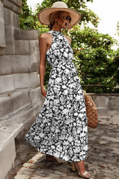 Solène - Robe longue avec ceinture à la taille et motifs