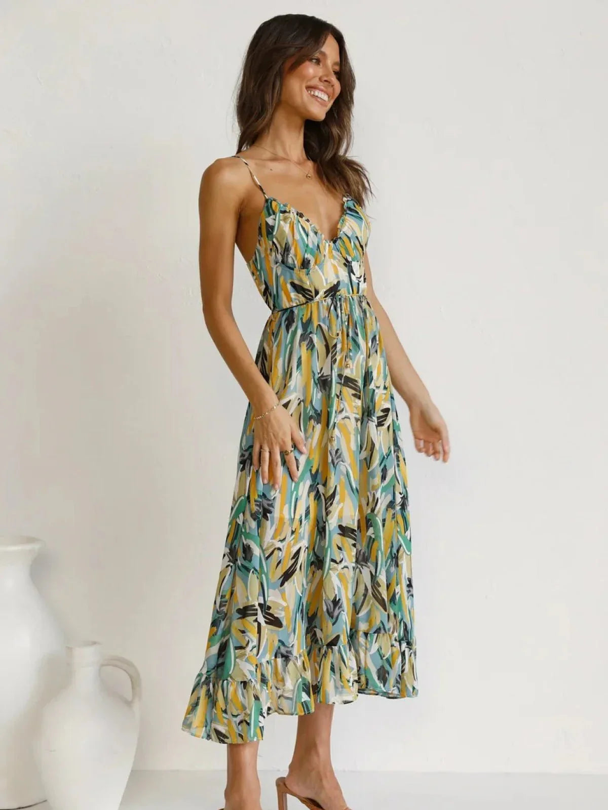 Solène - Robe midi en tissu fluide avec décolleté en V