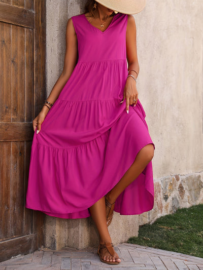 Xitlali | Robe Longue Décontractée Sans Manches à Col en V et Ourlet Volanté pour Femme