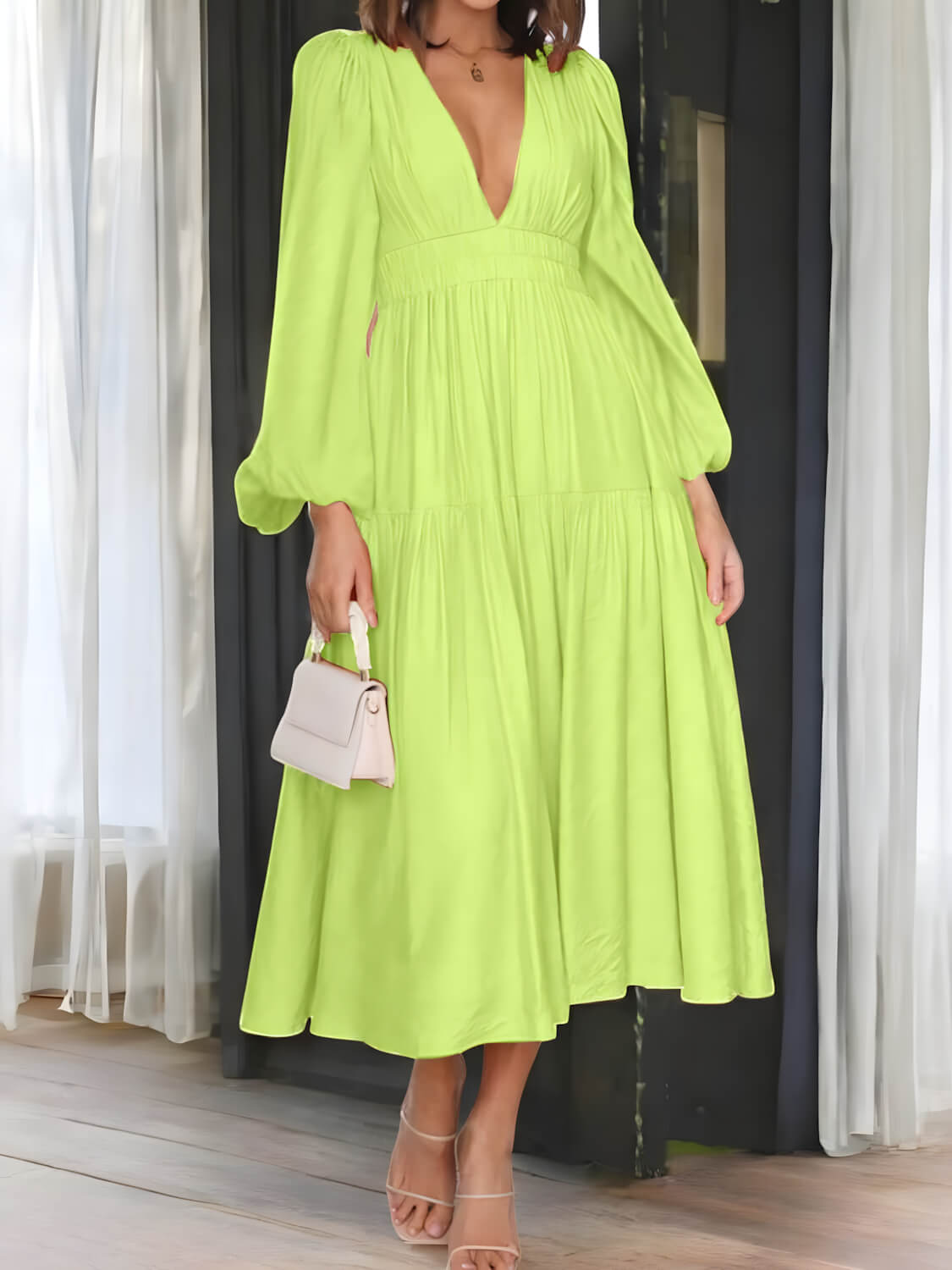Léonie - Maxi-robe à manches ballon et décolleté en V