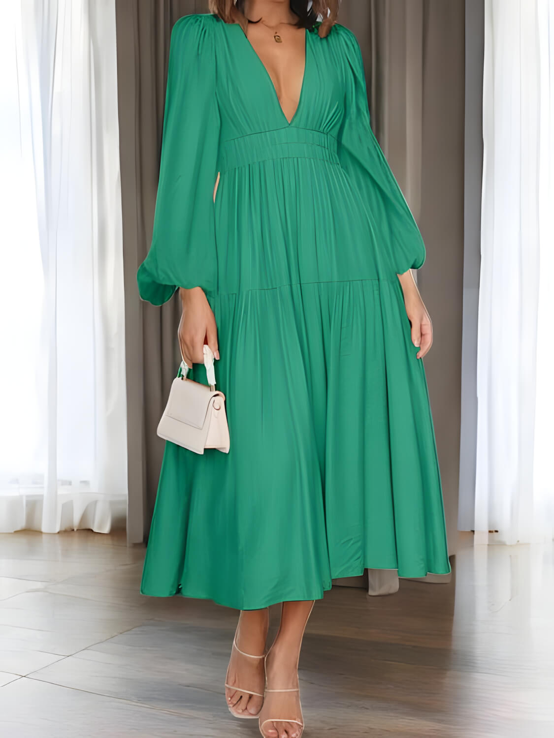 Léonie - Maxi-robe à manches ballon et décolleté en V
