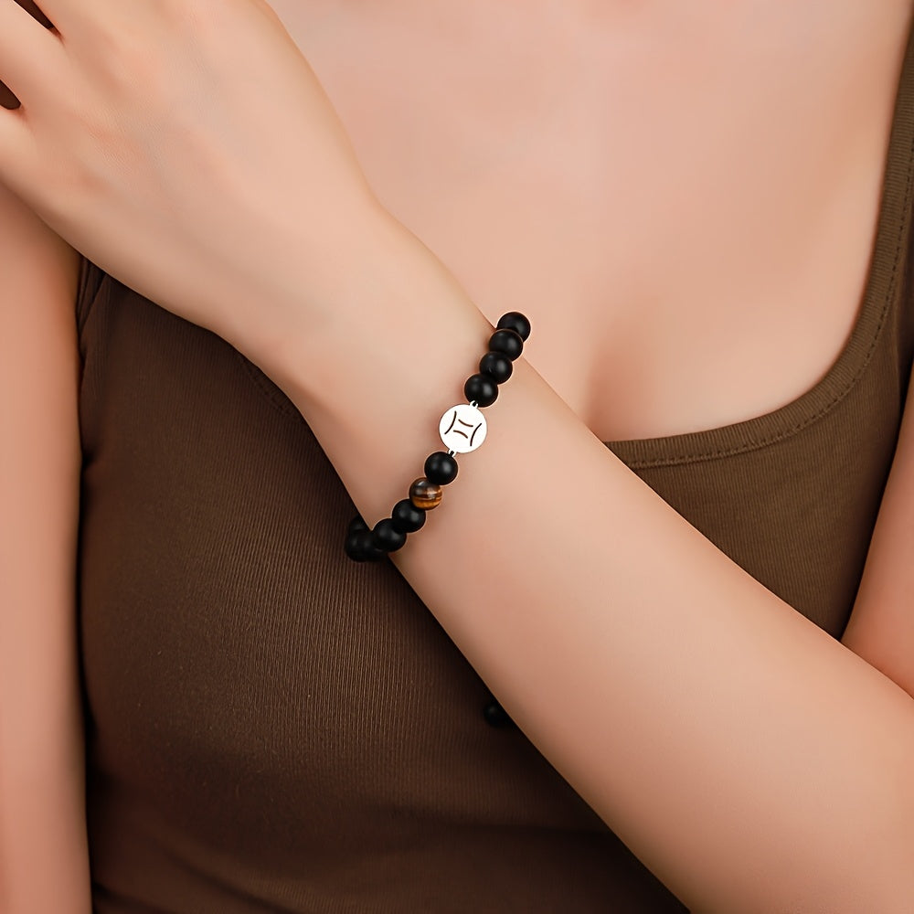Bracelet Zodiaque en Perles Noires – Ajustable et Élégant