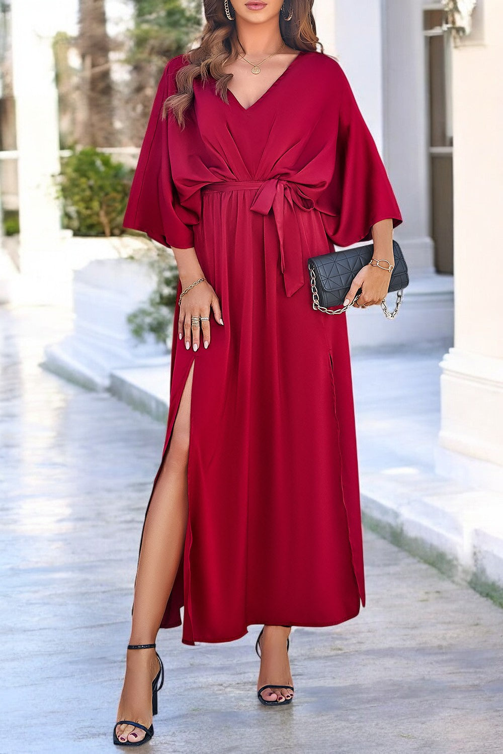Colette - Robe fendue, décolleté en V et manches nouées