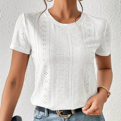 T-shirt femme en coton brodé à manches courtes et col rond - Livia