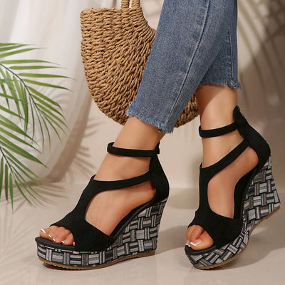 Sandales en daim pour femmes à haut talon compensé et au design enveloppant - Yseult