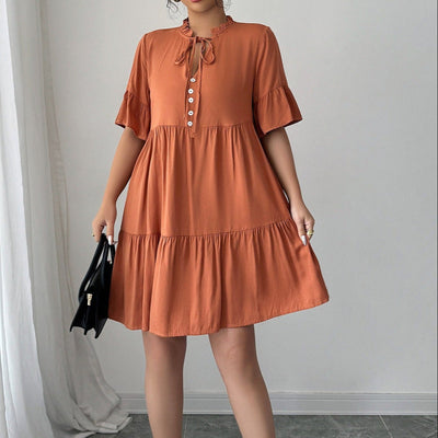 Robe courte pour femme en coton avec encolure volantée et style évasé - Ariana