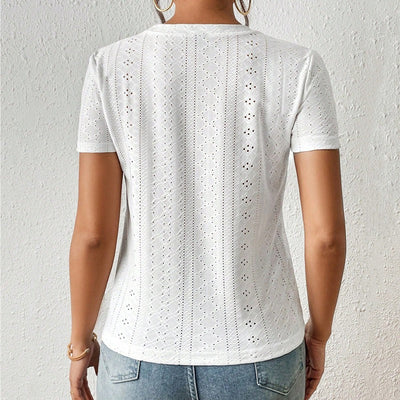 T-shirt femme en coton brodé à manches courtes et col rond - Livia