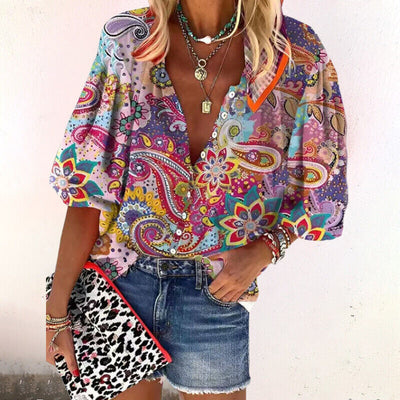 Chemise Boutonnée à Manches 3/4 à Motif Floral pour Femme