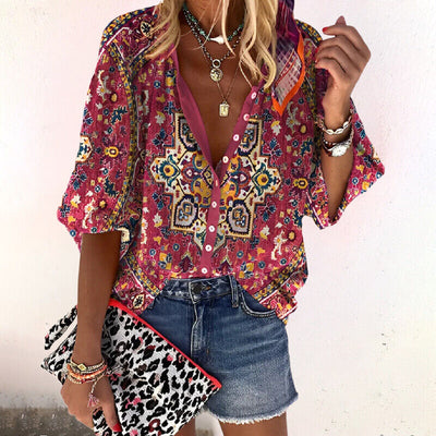 Chemise Boutonnée à Manches 3/4 à Motif Floral pour Femme