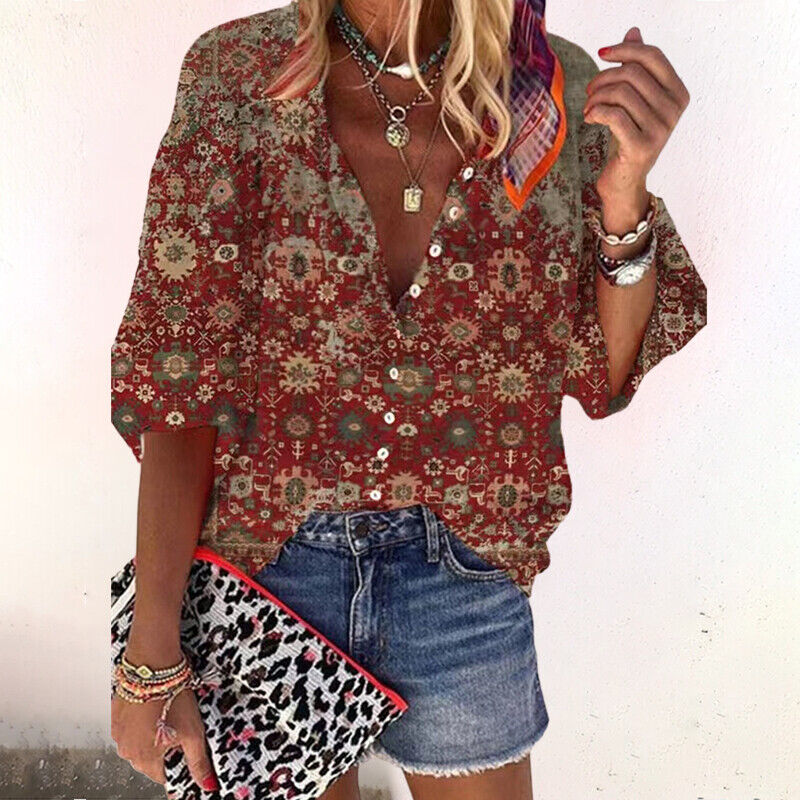 Chemise Boutonnée à Manches 3/4 à Motif Floral pour Femme