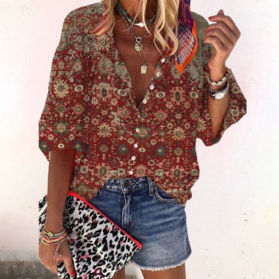 Chemise Boutonnée à Manches 3/4 à Motif Floral pour Femme