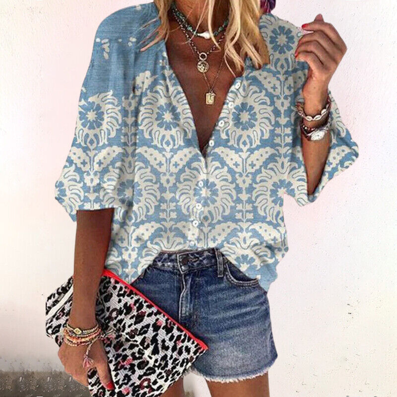 Chemise Boutonnée à Manches 3/4 à Motif Floral pour Femme