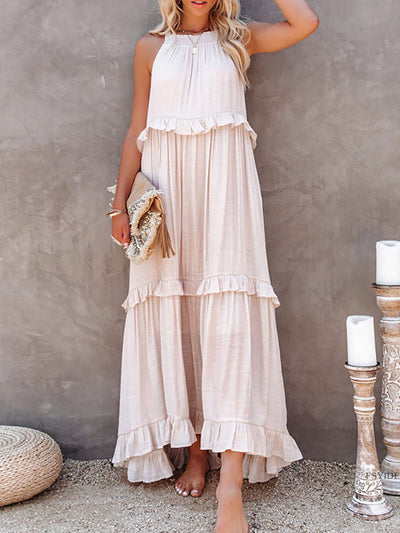 Robe longue à volants et col licou pour femme