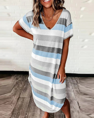 Robe Midi Rayée à Col en V pour Femme