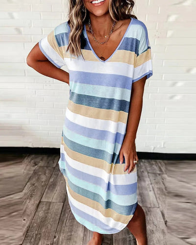 Robe Midi Rayée à Col en V pour Femme
