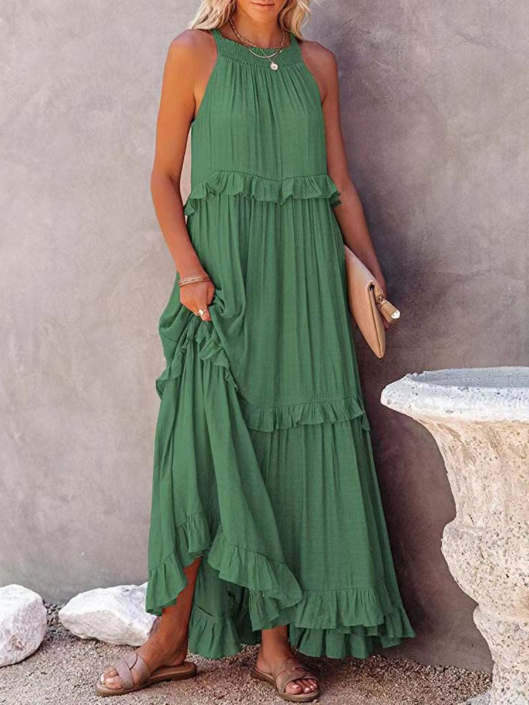 Robe longue à volants et col licou pour femme