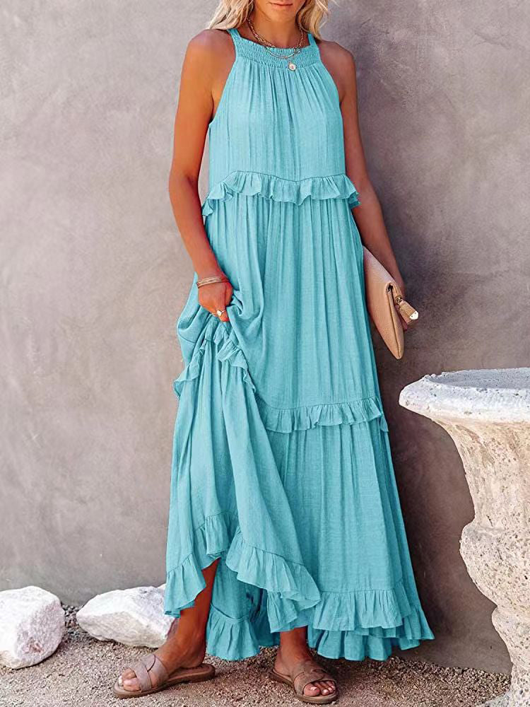 Robe longue à volants et col licou pour femme