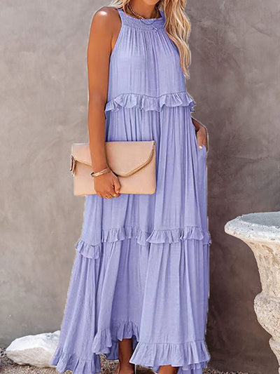 Robe longue à volants et col licou pour femme
