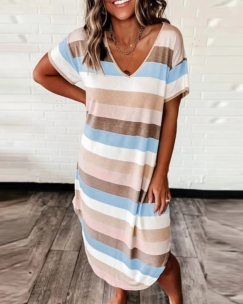 Robe Midi Rayée à Col en V pour Femme