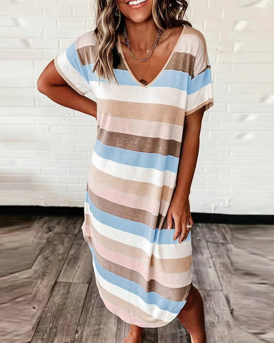 Robe Midi Rayée à Col en V pour Femme