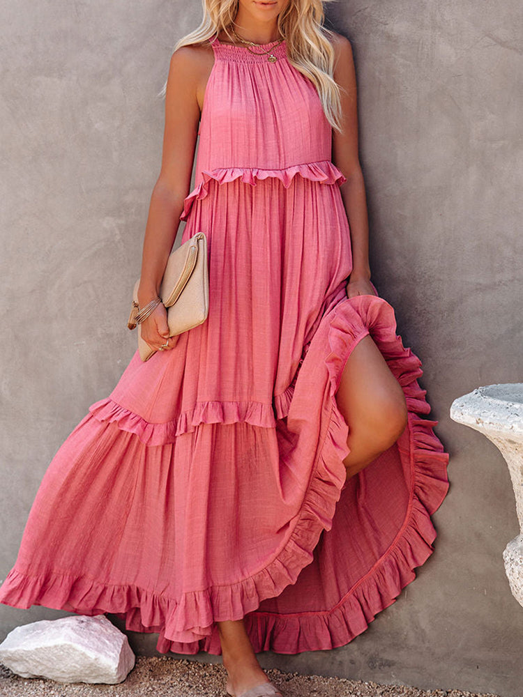 Robe longue à volants et col licou pour femme
