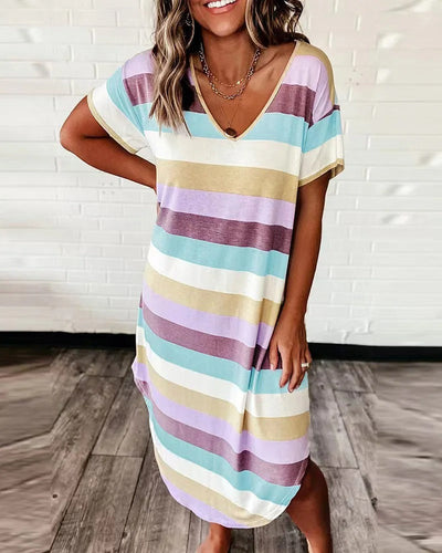 Robe Midi Rayée à Col en V pour Femme